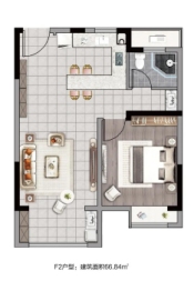 海畔东方城1室2厅1厨1卫建面66.84㎡
