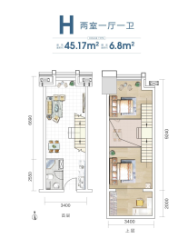 新锐中心2室1厅1厨1卫建面45.17㎡