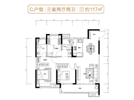 武汉玲珑府3室2厅1厨2卫建面117.00㎡