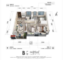 万科未来城3室2厅1厨1卫建面89.00㎡