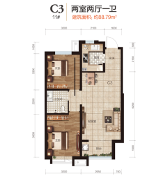 盛景八方2室2厅1厨1卫建面88.79㎡