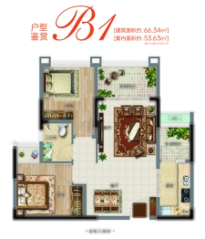 华南城·巴南华府2室2厅1厨1卫建面66.34㎡