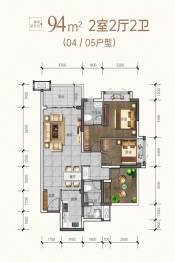 远洋城2室2厅1厨2卫建面94.00㎡