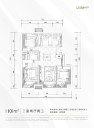 宸悦国际3室2厅1厨2卫建面101.00㎡