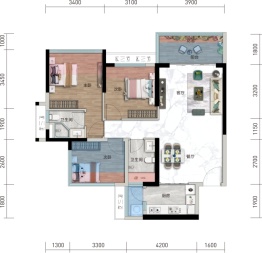 博富·福美城3室2厅1厨2卫建面89.00㎡