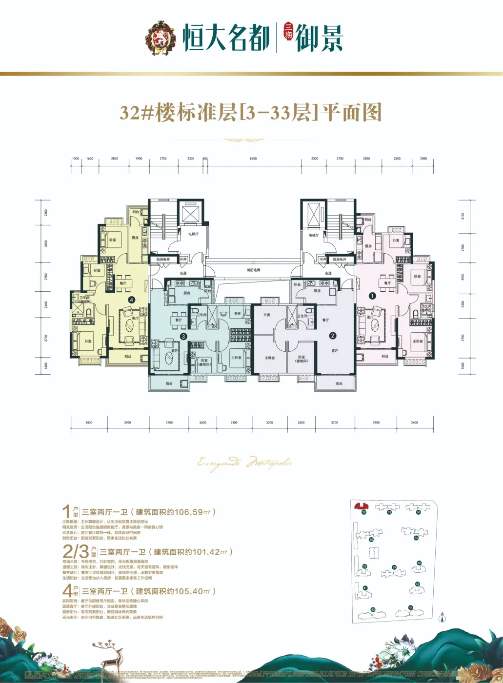 恒大名都户型类别:2居,3居,4居户型面积:76.96平方米-179.