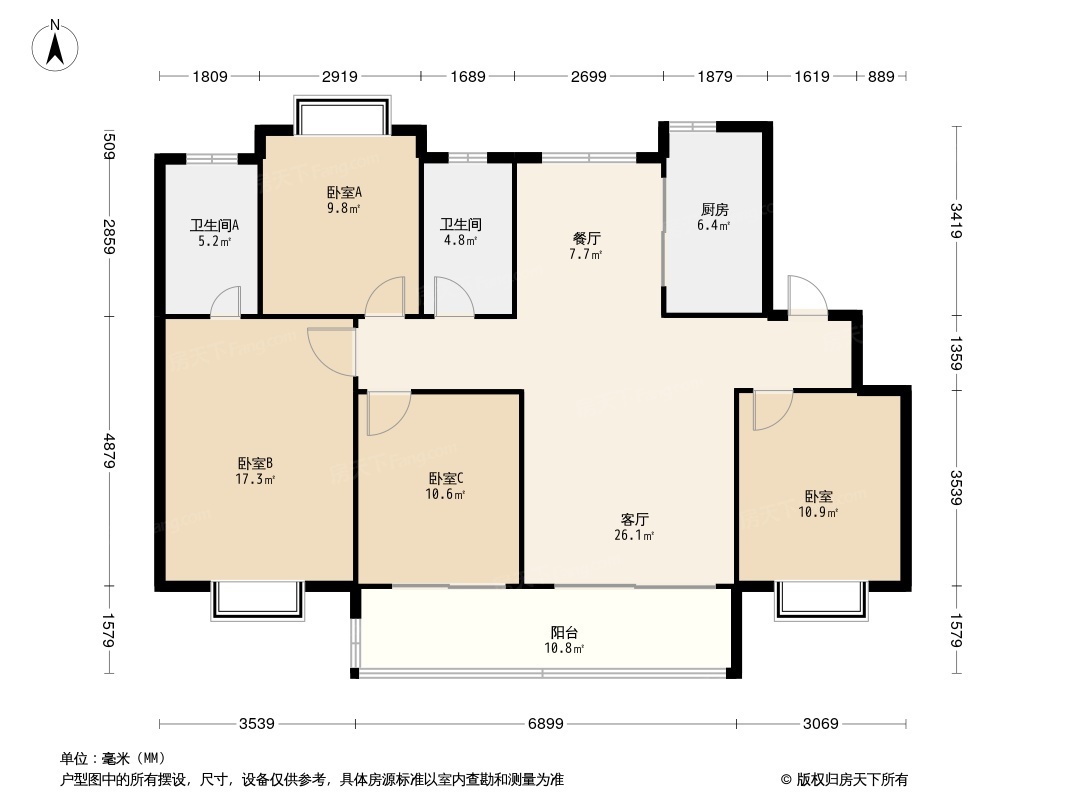 80分/5分 整体户型方正,活动区域开阔,居住舒适度高;全明通透户型