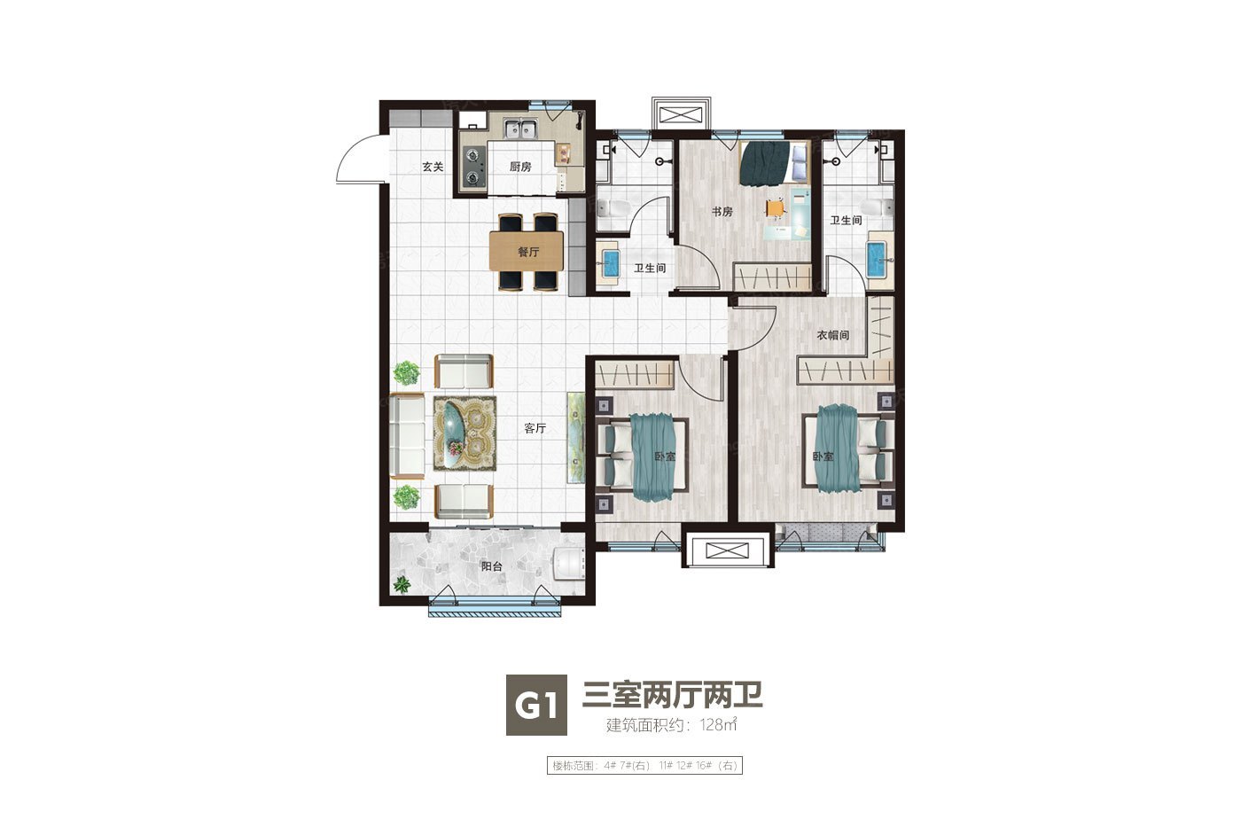 户型图:g1三室两厅两卫建面约128平