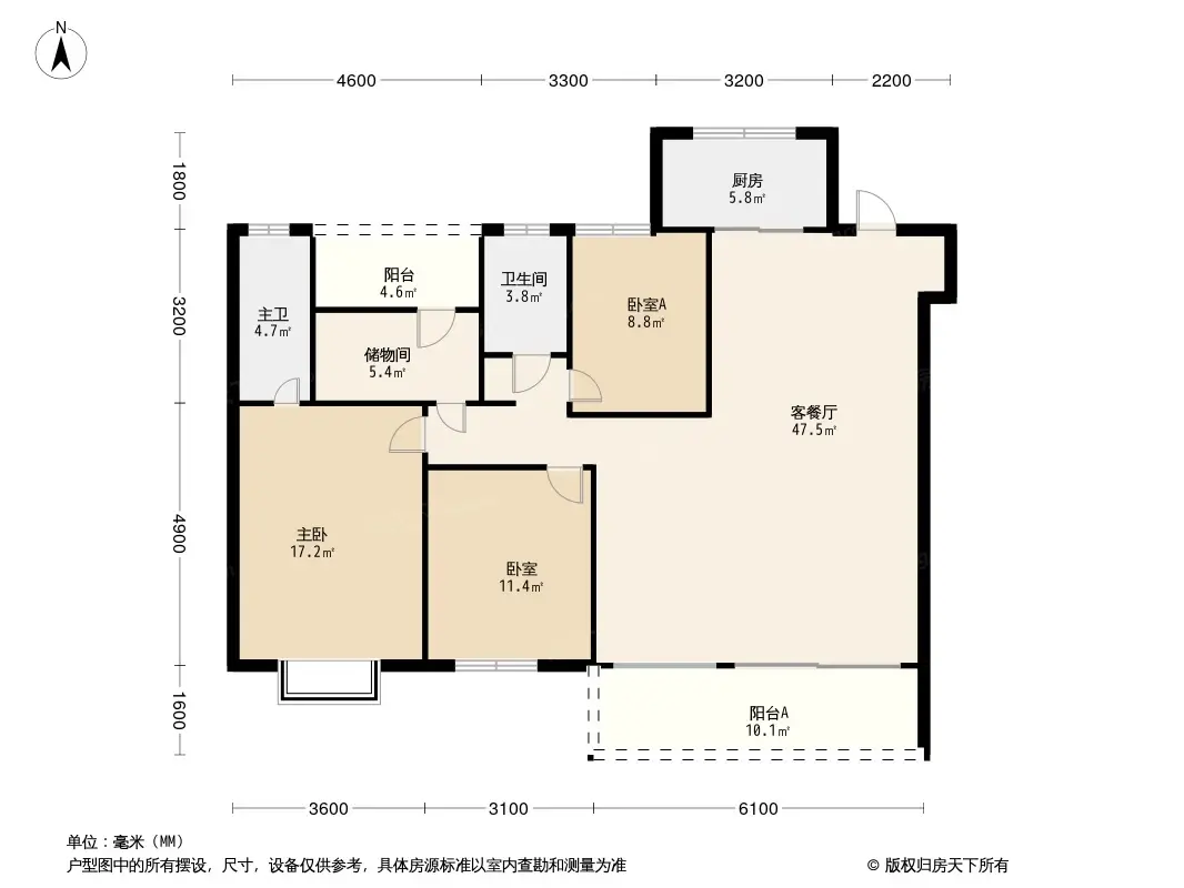 居室佈局合理,通風良好,動靜分離,兼顧到了臥室和衛生間的私密性;臥室