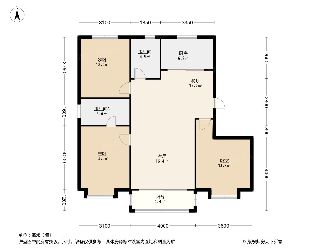 整体户型方正,活动区域开阔,居住舒适度高;整个空间全明通透,采光良好