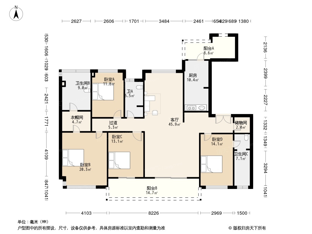 200平米平层5室户型图图片