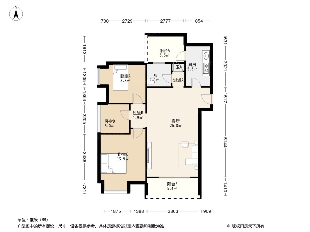 三室一厅户型图 简单图片