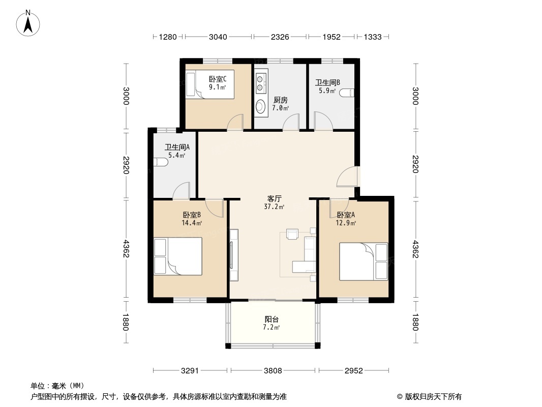 湖沁花园东区3室3厅2卫1厨户型报告