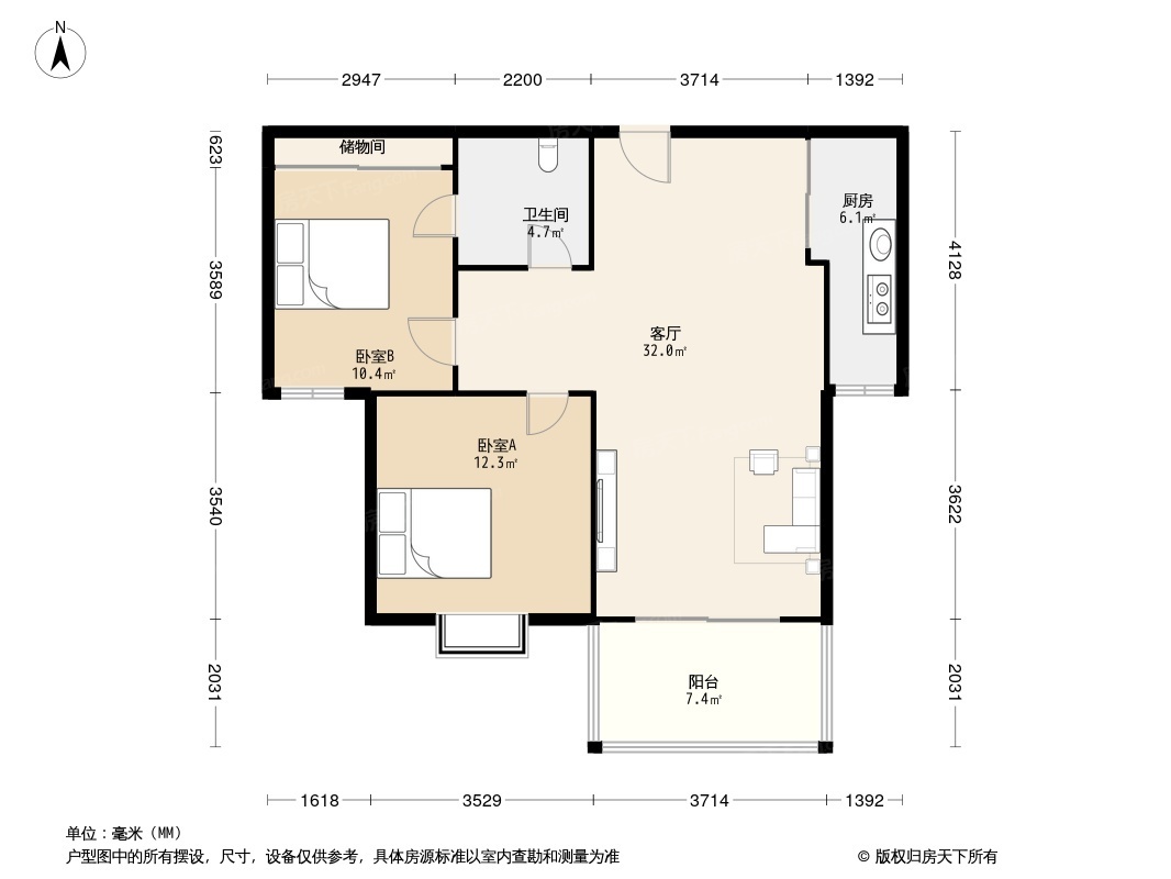 两室一厅户型图 简易图片