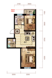 华沃·滨河湾2室1厅1厨1卫建面69.00㎡