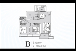 绿地广清国际城2室2厅1厨2卫建面88.0㎡
