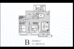 绿地广清国际城2室2厅1厨2卫建面88.00㎡