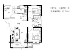 首开国风悦府3室2厅1厨1卫建面85.59㎡