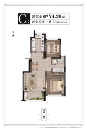 亲水湾风华2室2厅1厨1卫建面74.39㎡