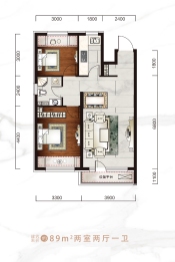 御湖壹号2室2厅1厨1卫建面89.00㎡