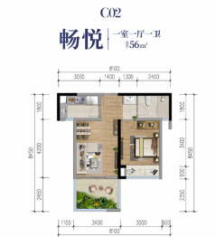 领地阳光花城1室1厅1厨1卫建面56.00㎡