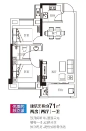 金辉优步悦山2室2厅1厨1卫建面71.00㎡