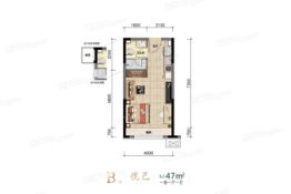 华润翡翠公馆1室1厅1厨1卫建面47.00㎡