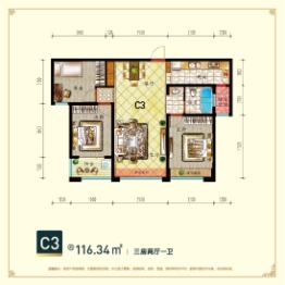 金悦华府3室2厅1厨1卫建面116.34㎡