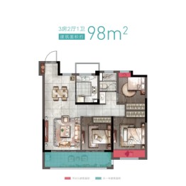 依云兰庭3室2厅1厨1卫建面98.00㎡