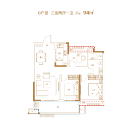 万创·城市之光3室2厅1厨1卫建面94.00㎡