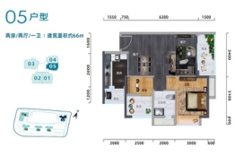 越秀 滨江·品悦2室2厅1厨1卫建面67.00㎡