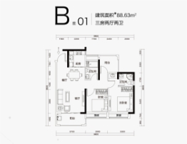 君瑞华府3室2厅1厨2卫建面88.63㎡