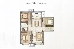 实地·天津蔷薇国际3室2厅1厨1卫建面100.00㎡