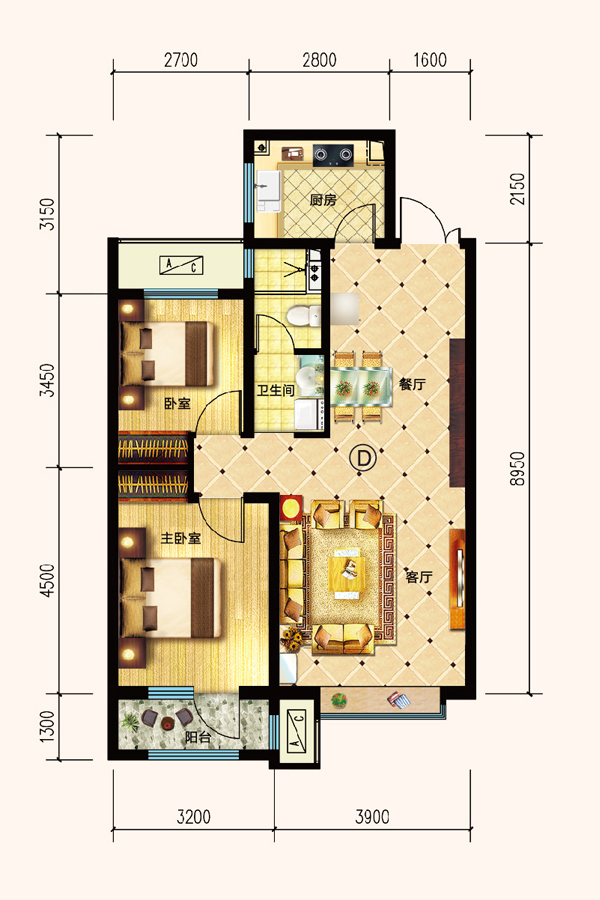 红堡天熙2室2厅1厨1卫建面99.10㎡