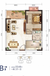 港鹏·龙湖湾1室2厅1厨1卫建面55.48㎡