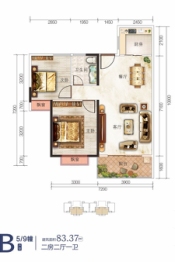 港鹏·龙湖湾2室2厅1厨1卫建面83.37㎡
