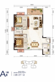 港鹏·龙湖湾2室2厅1厨1卫建面89.59㎡