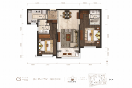 仁恒公园世纪2室2厅1厨2卫建面114.77㎡