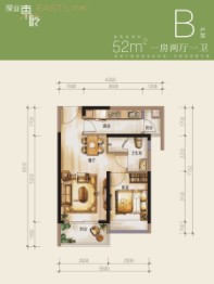 深业东岭1室2厅1厨1卫建面52.00㎡