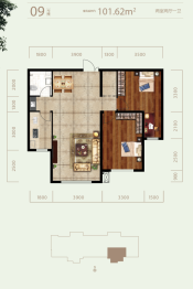 正翔滨河2室2厅1厨1卫建面101.62㎡