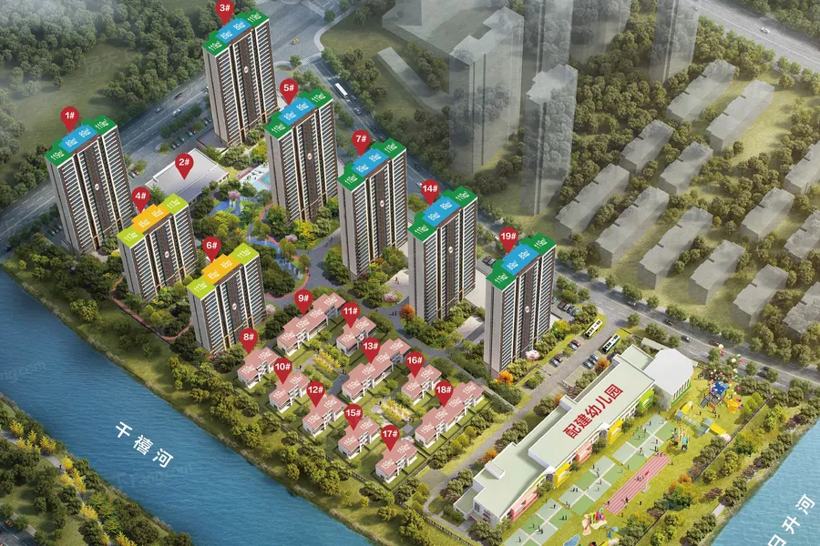项目鸟瞰图拖动图片可以查看其它楼栋信息