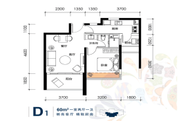 三亚棕榈滩1室2厅1厨1卫建面60.00㎡