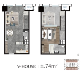 宝汇城潮寓、宝汇城V-HOUS1室2厅1厨2卫建面74.00㎡