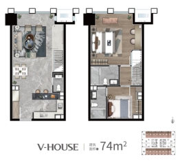 宝汇城潮寓、宝汇城V-HOUS2室2厅1厨3卫建面74.00㎡