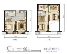 龙湖紫金上城3室2厅1厨2卫建面68.00㎡