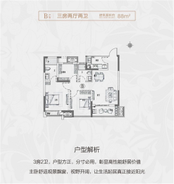 国榷府3室2厅1厨2卫建面88.00㎡