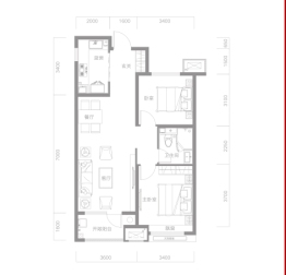 融创融公馆2室1厅1厨1卫建面95.00㎡