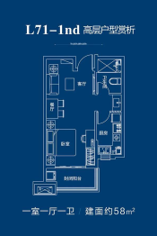 恒大御海天下1室1厅1厨1卫建面58.00㎡