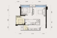 A1户型， 2室1厅1卫1厨， 建筑面积约50.77平米