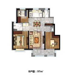 凯旋门3室2厅1厨2卫建面97.00㎡